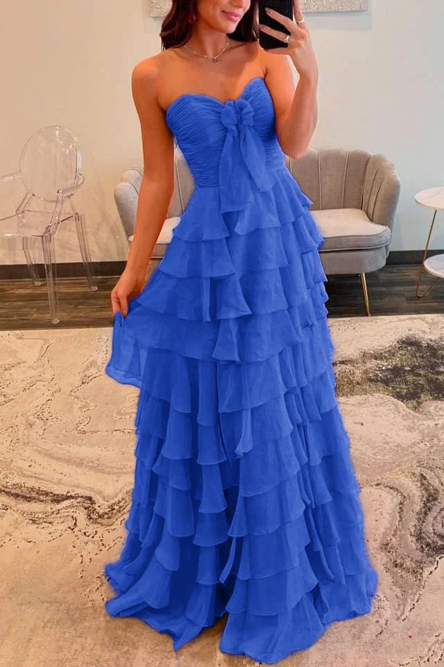 Cinizia | Chiffon Fuchsia Sweetheart Tiered Ruffles Prom Dress with Slit