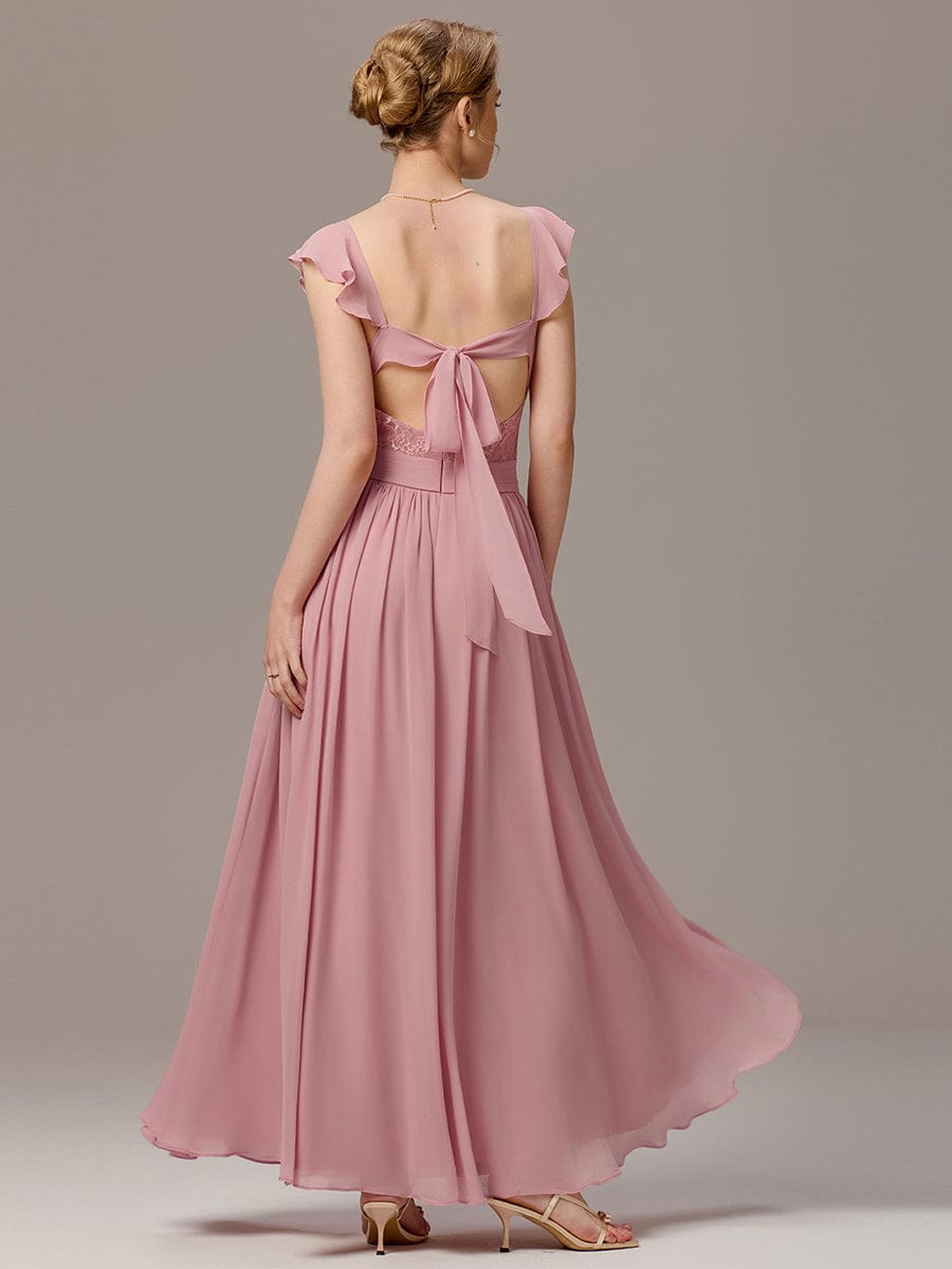 ELARA|Back-Tie Pleated Ruffles Sleeves Maxi Bridesmaid Dress