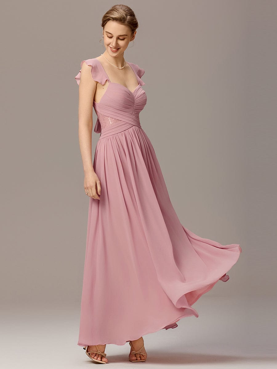 ELARA|Back-Tie Pleated Ruffles Sleeves Maxi Bridesmaid Dress
