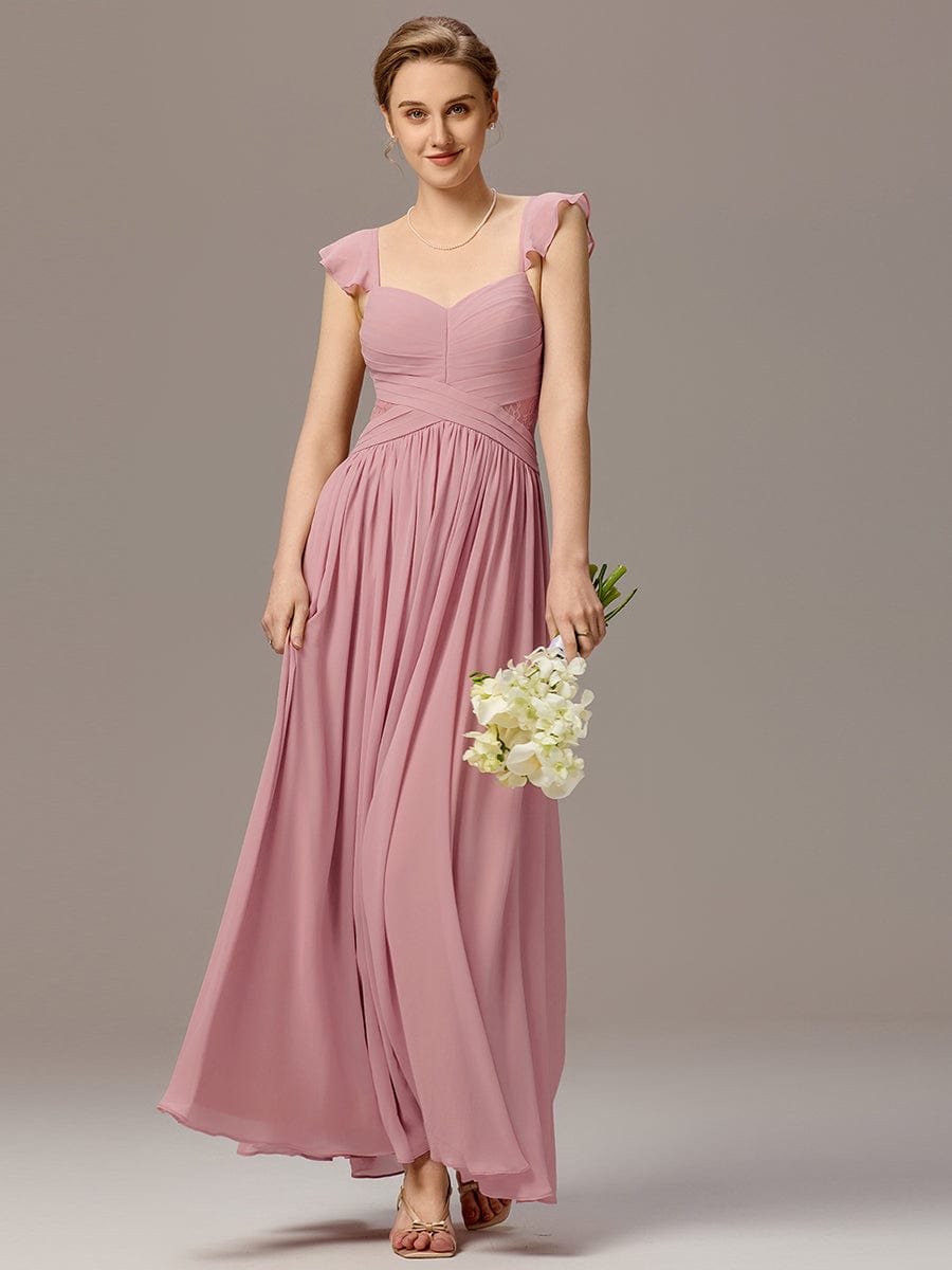 ELARA|Back-Tie Pleated Ruffles Sleeves Maxi Bridesmaid Dress