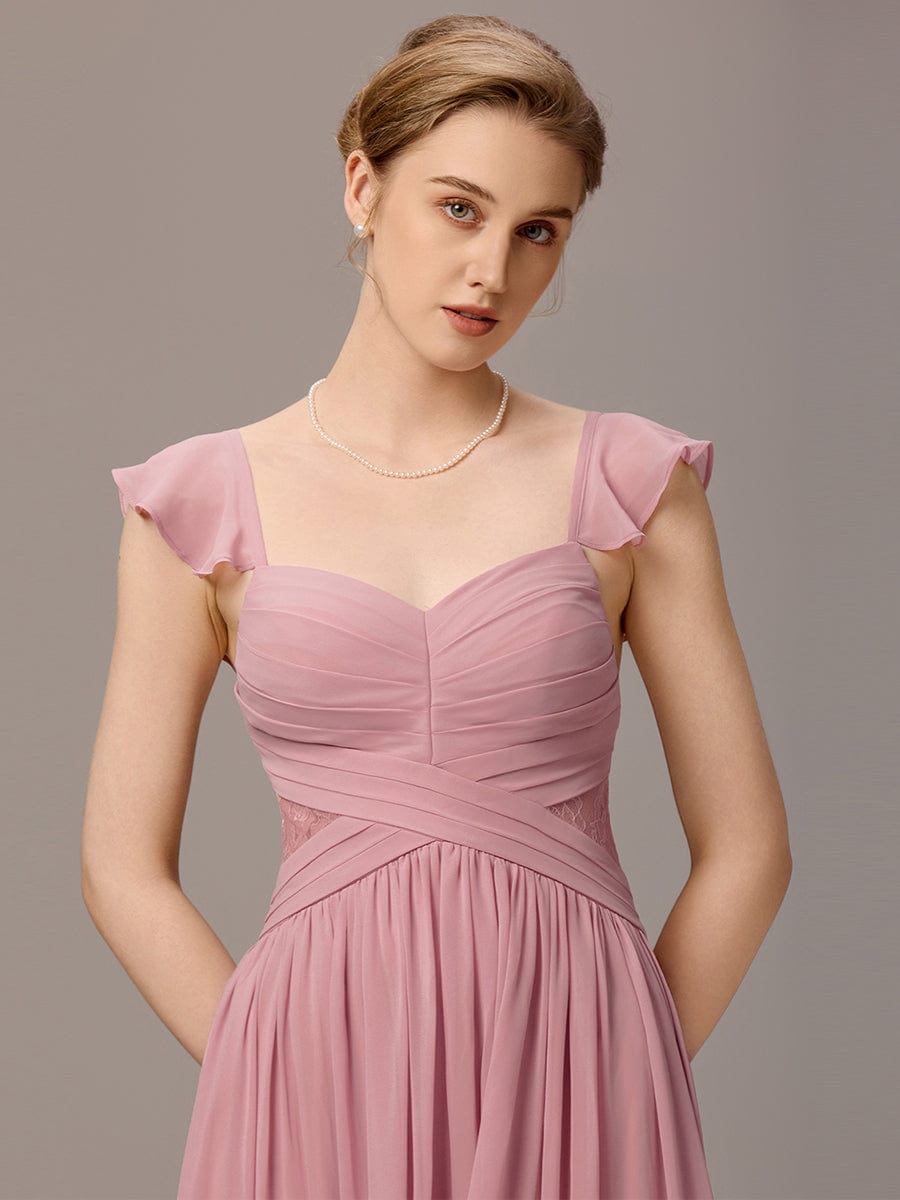 ELARA|Back-Tie Pleated Ruffles Sleeves Maxi Bridesmaid Dress