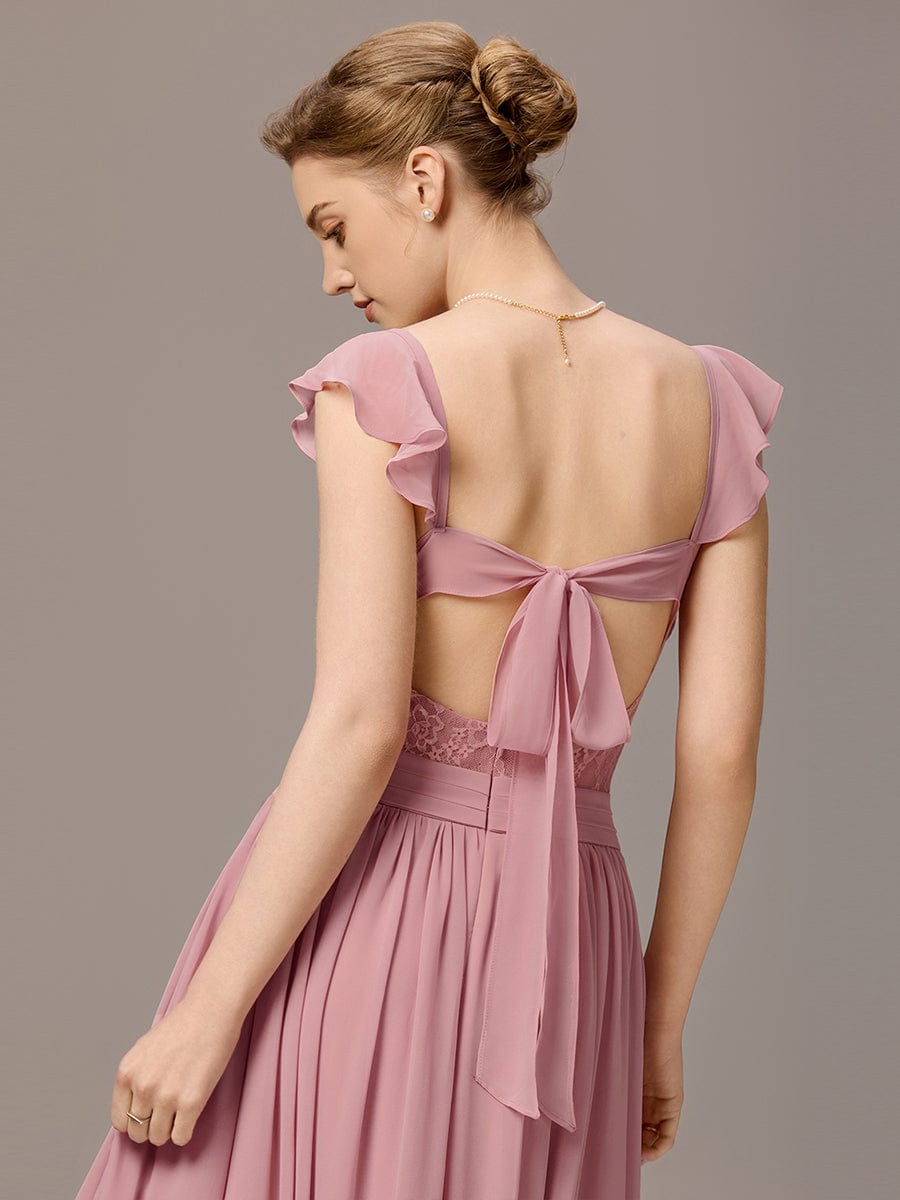 ELARA|Back-Tie Pleated Ruffles Sleeves Maxi Bridesmaid Dress