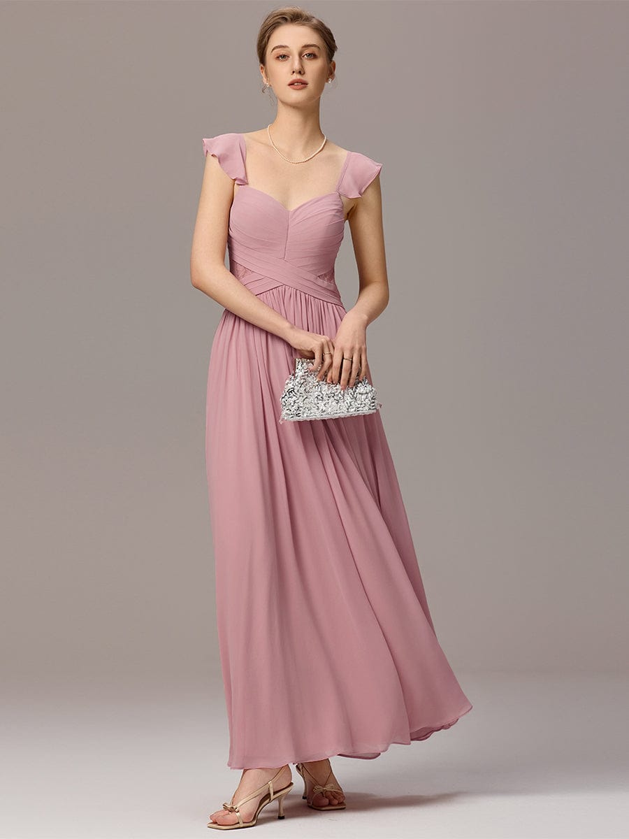 ELARA|Back-Tie Pleated Ruffles Sleeves Maxi Bridesmaid Dress