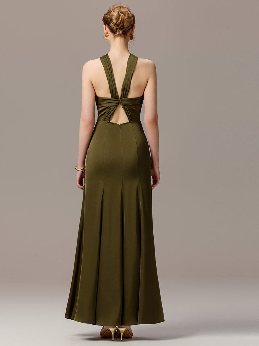 SELENE|Satin Cross Halter Sleeveless Maxi Bridesmaid Dress