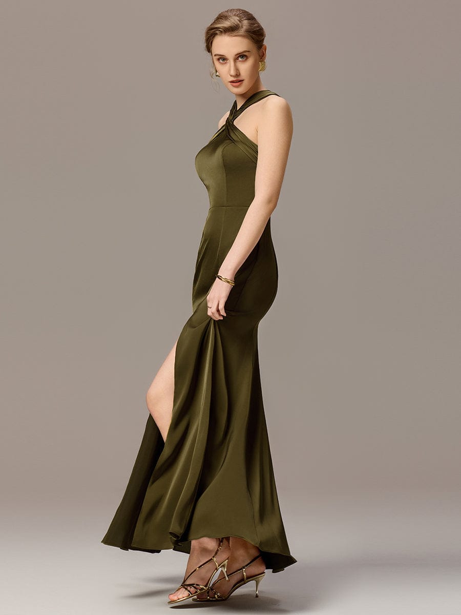 SELENE|Satin Cross Halter Sleeveless Maxi Bridesmaid Dress