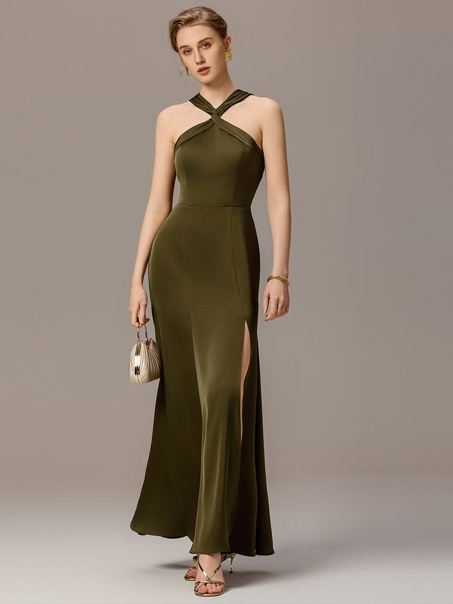SELENE|Satin Cross Halter Sleeveless Maxi Bridesmaid Dress
