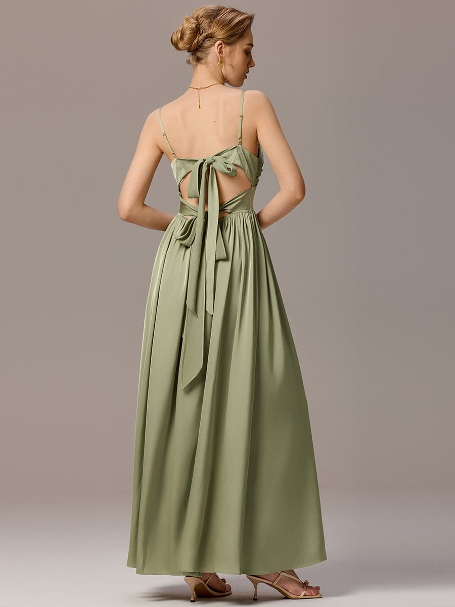 VERA|Satin Pleated Back-Tie Sleeveless Maxi Bridesmaid Dress