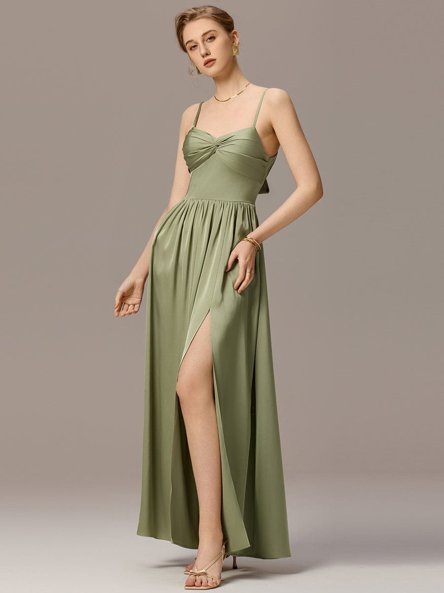 VERA|Satin Pleated Back-Tie Sleeveless Maxi Bridesmaid Dress