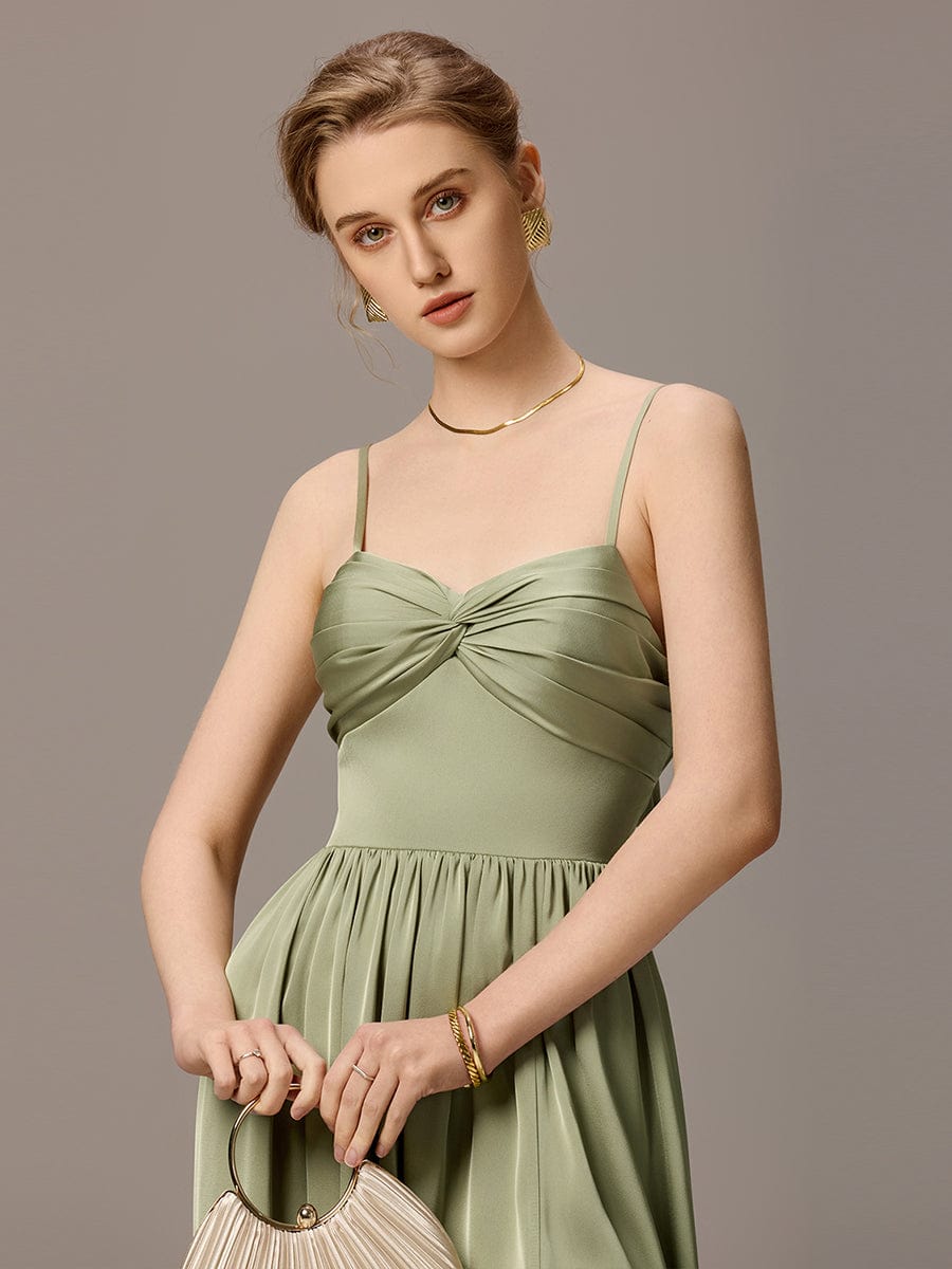 VERA|Satin Pleated Back-Tie Sleeveless Maxi Bridesmaid Dress