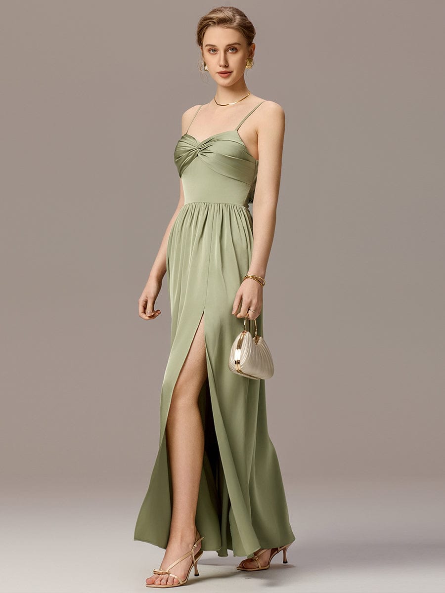 VERA|Satin Pleated Back-Tie Sleeveless Maxi Bridesmaid Dress