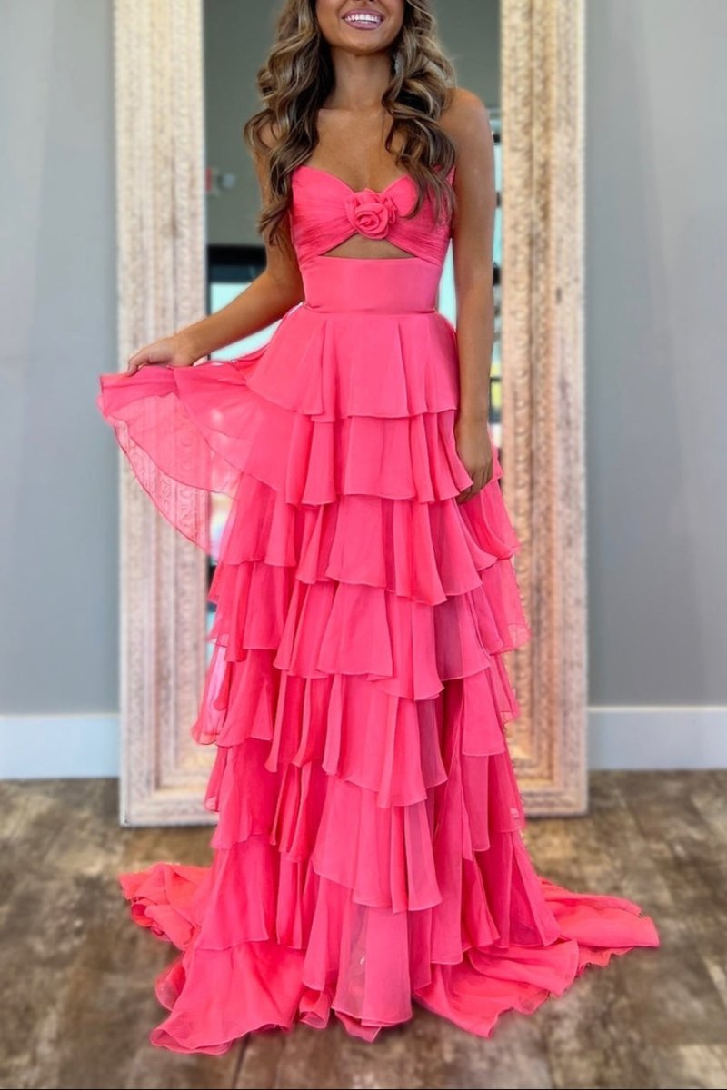 Darlin | A-Line Strapless V-Neck Layered Chiffon Sleeveless Formal Prom Dress