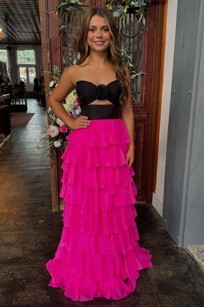Darlin | A-Line Strapless V-Neck Layered Chiffon Sleeveless Formal Prom Dress