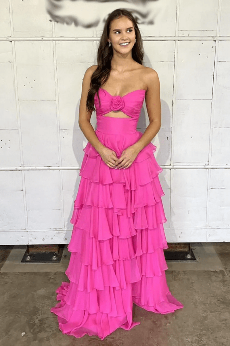 Darlin | A-Line Strapless V-Neck Layered Chiffon Sleeveless Formal Prom Dress