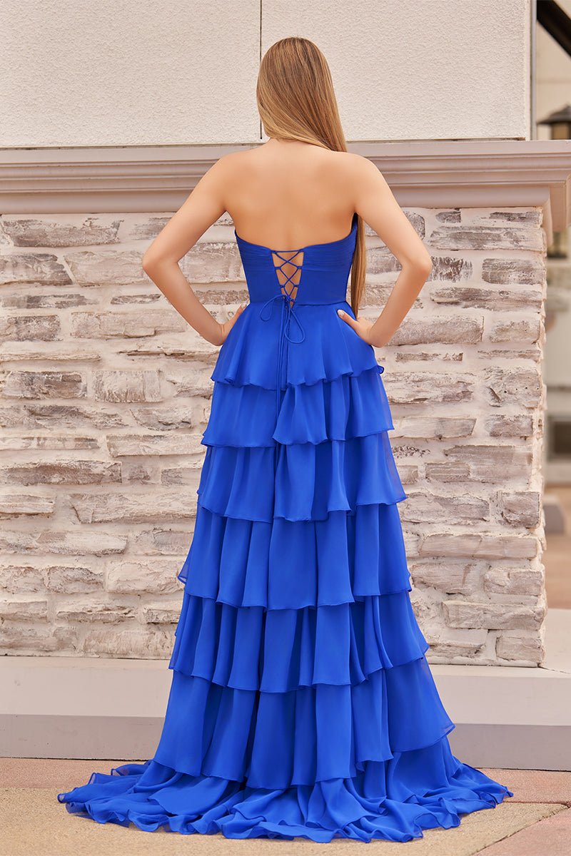 Darlin | A-Line Strapless V-Neck Layered Chiffon Sleeveless Formal Prom Dress