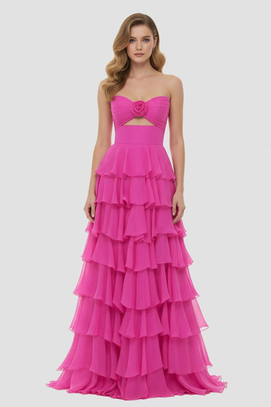 Darlin | A-Line Strapless V-Neck Layered Chiffon Sleeveless Formal Prom Dress