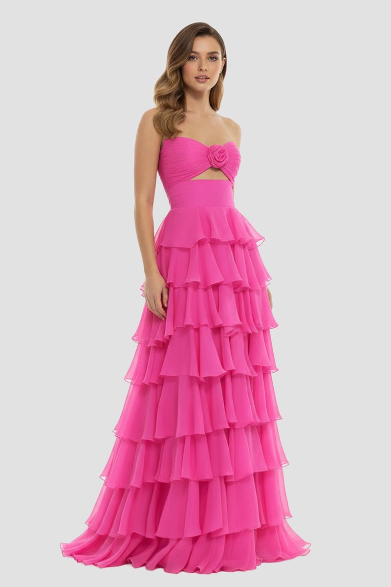 Darlin | A-Line Strapless V-Neck Layered Chiffon Sleeveless Formal Prom Dress