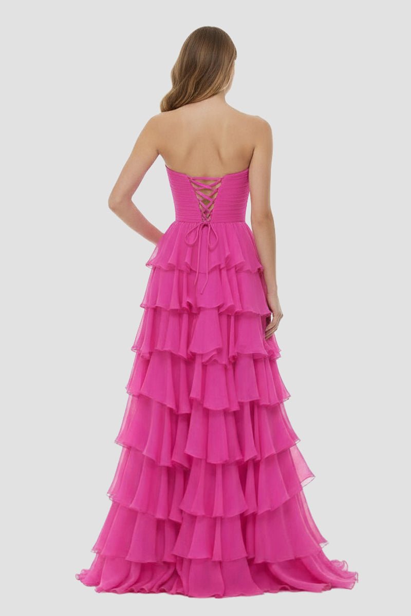 Darlin | A-Line Strapless V-Neck Layered Chiffon Sleeveless Formal Prom Dress