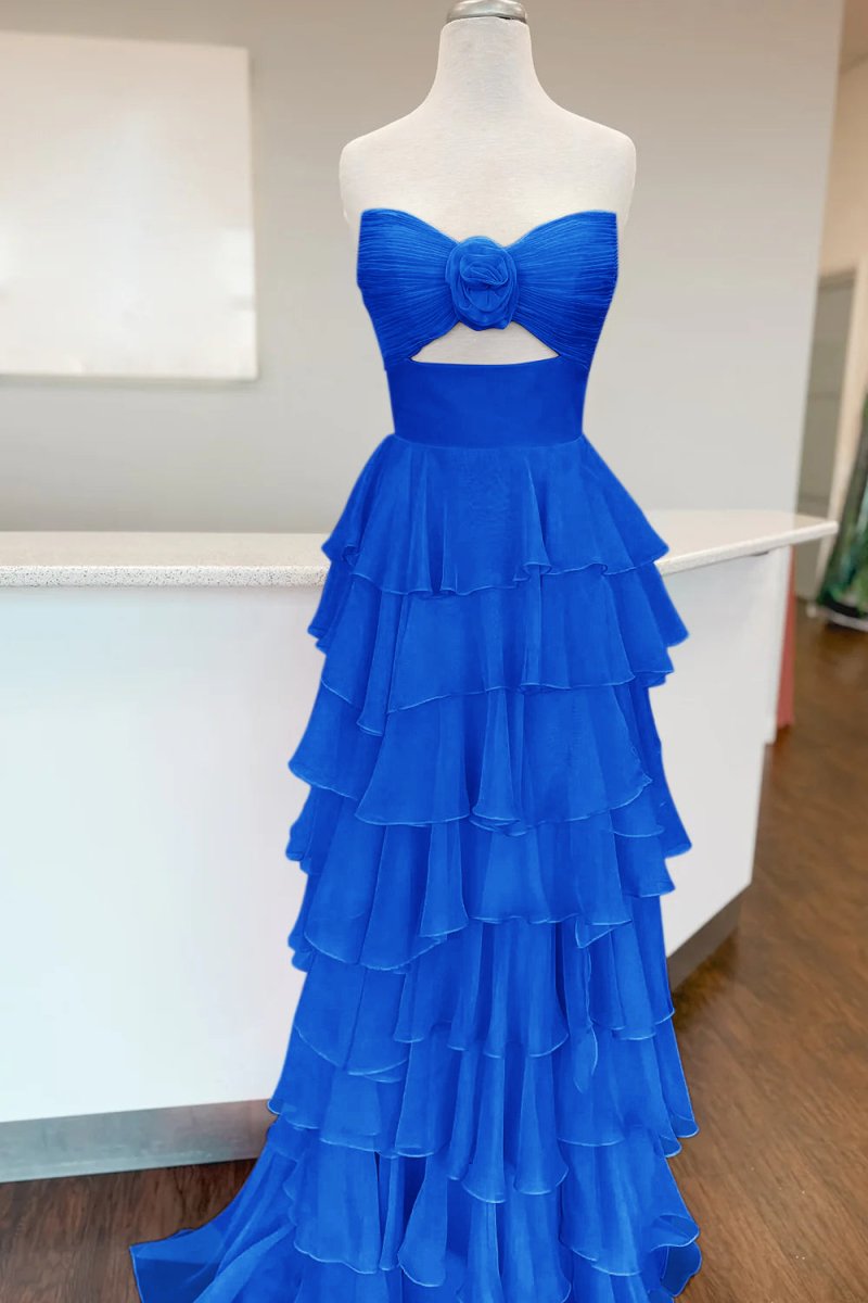 Darlin | A-Line Strapless V-Neck Layered Chiffon Sleeveless Formal Prom Dress