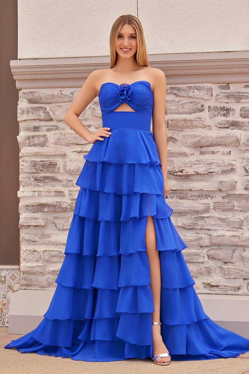 Darlin | A-Line Strapless V-Neck Layered Chiffon Sleeveless Formal Prom Dress