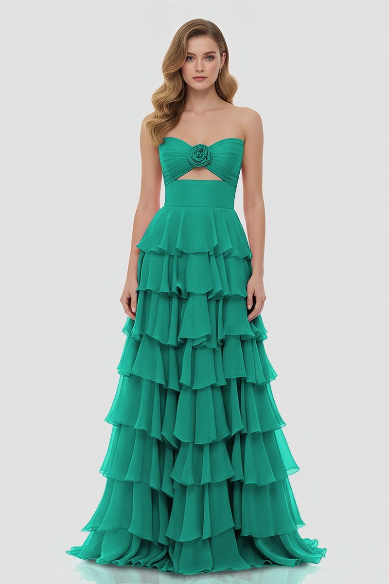 Darlin | A-Line Strapless V-Neck Layered Chiffon Sleeveless Formal Prom Dress
