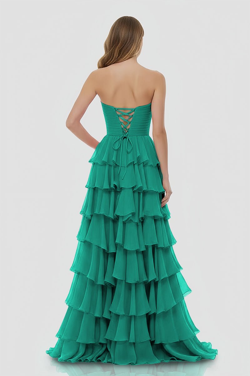 Darlin | A-Line Strapless V-Neck Layered Chiffon Sleeveless Formal Prom Dress