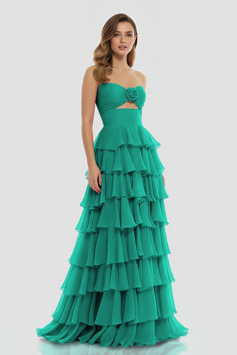 Darlin | A-Line Strapless V-Neck Layered Chiffon Sleeveless Formal Prom Dress