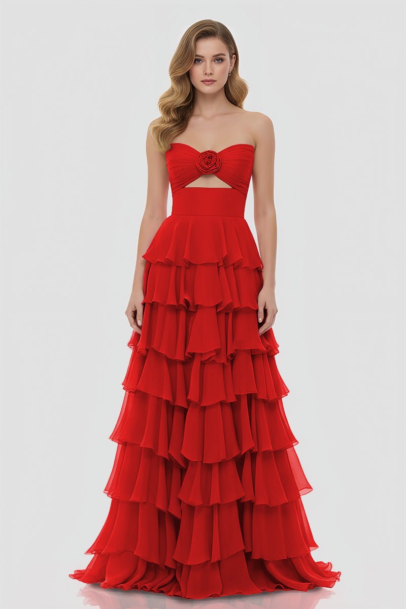 Darlin | A-Line Strapless V-Neck Layered Chiffon Sleeveless Formal Prom Dress