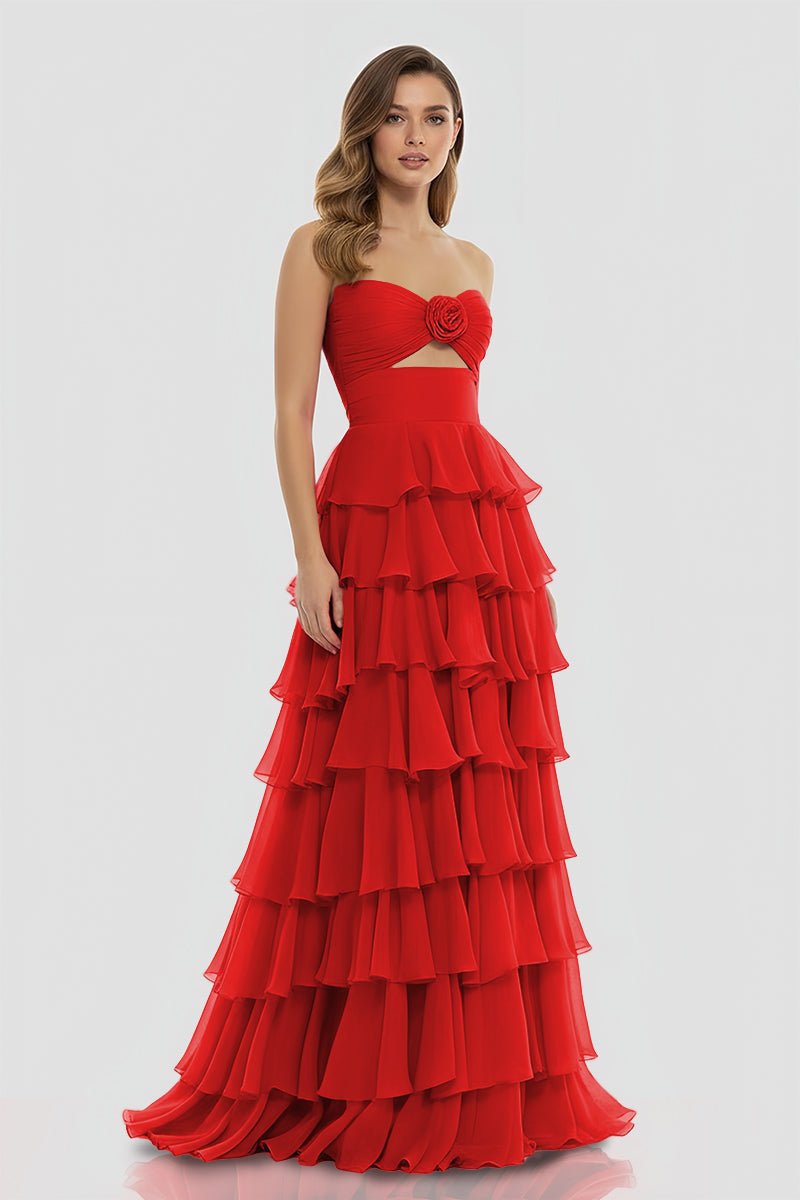 Darlin | A-Line Strapless V-Neck Layered Chiffon Sleeveless Formal Prom Dress