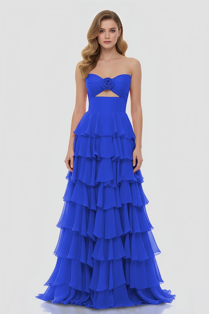Darlin | A-Line Strapless V-Neck Layered Chiffon Sleeveless Formal Prom Dress