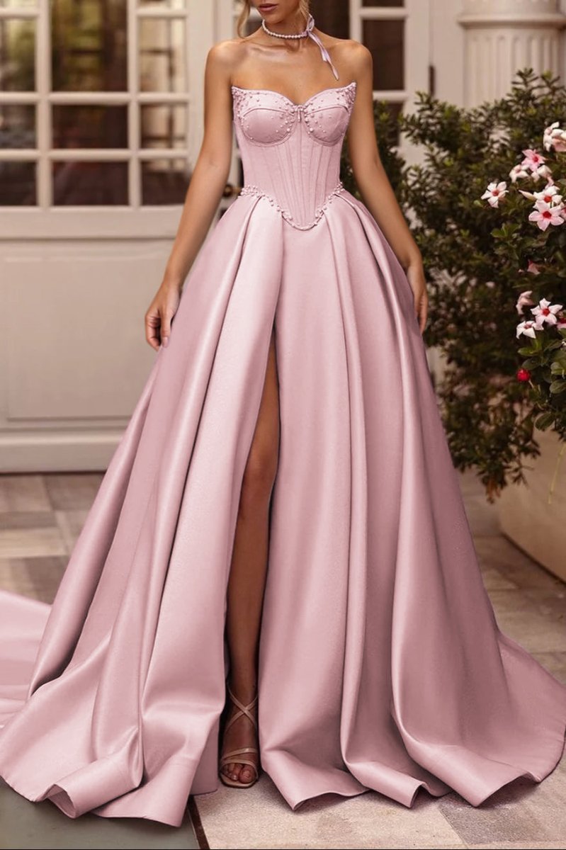 Deacon | A-Line Lilac Sweetheart Satin Long Corset Prom Dress with Slit (Gloves are not Included)