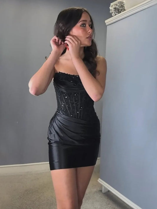 Delmira | Black - Strapless Bodycon Satin Pleated Short Homecoming & Cocktail Dresses With Beading