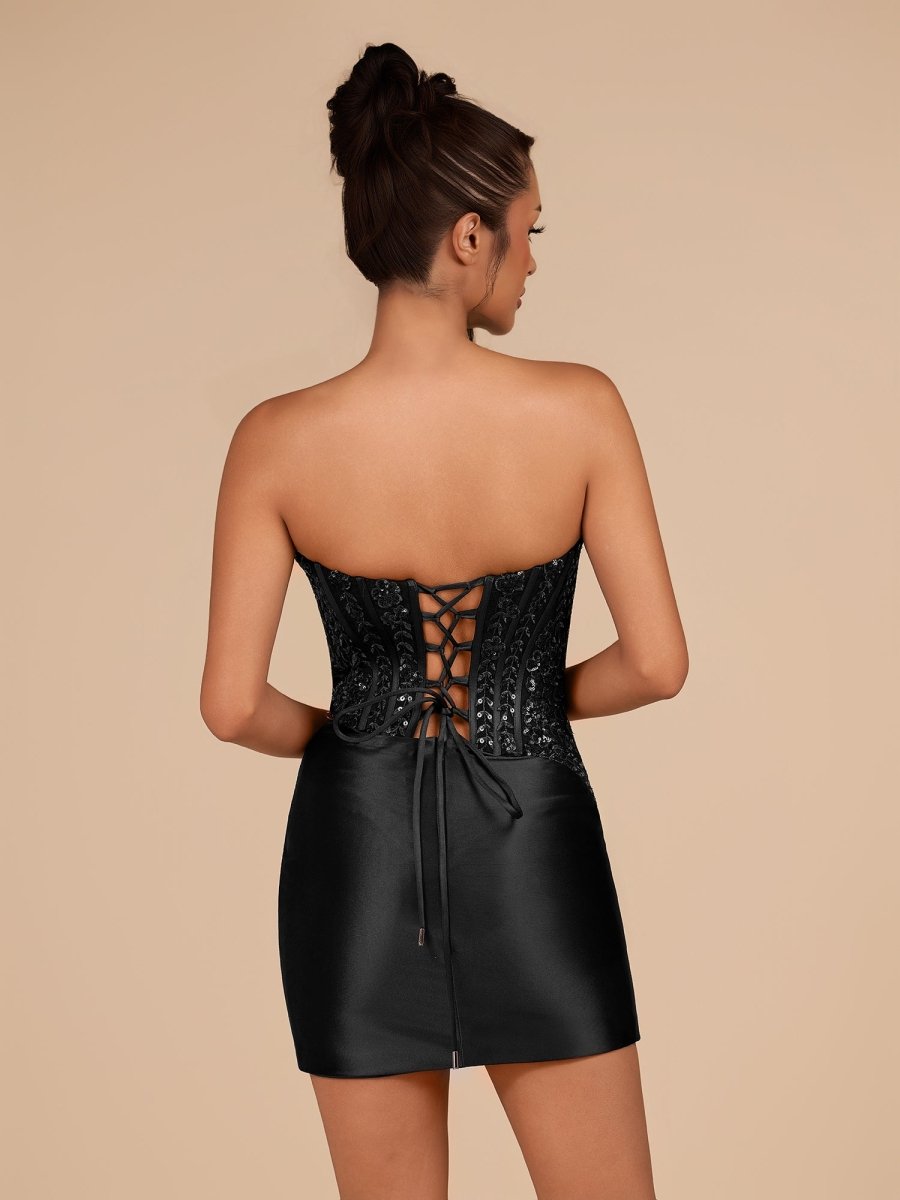 Delmira | Black - Strapless Bodycon Satin Pleated Short Homecoming & Cocktail Dresses With Beading