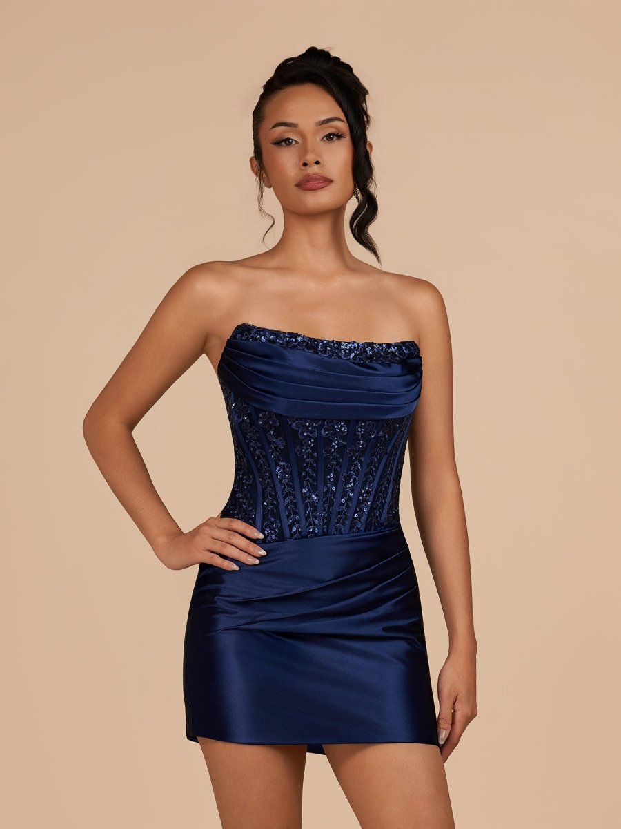 Delmira | Navy Blue - Strapless Bodycon Satin Pleated Short Homecoming & Cocktail Dresses With Beading