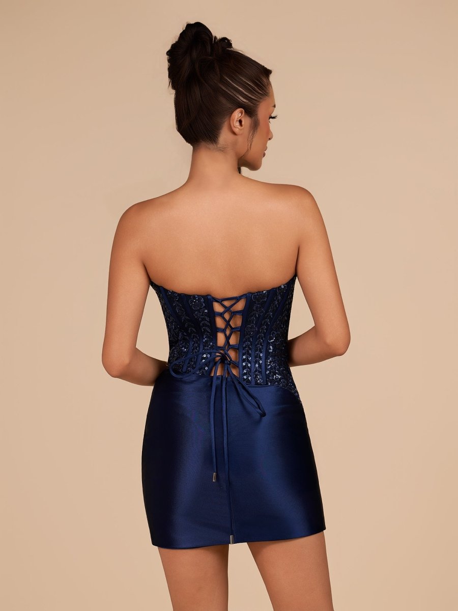 Delmira | Navy Blue - Strapless Bodycon Satin Pleated Short Homecoming & Cocktail Dresses With Beading