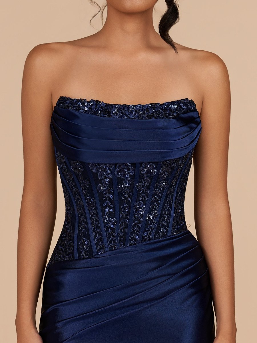 Delmira | Navy Blue - Strapless Bodycon Satin Pleated Short Homecoming & Cocktail Dresses With Beading