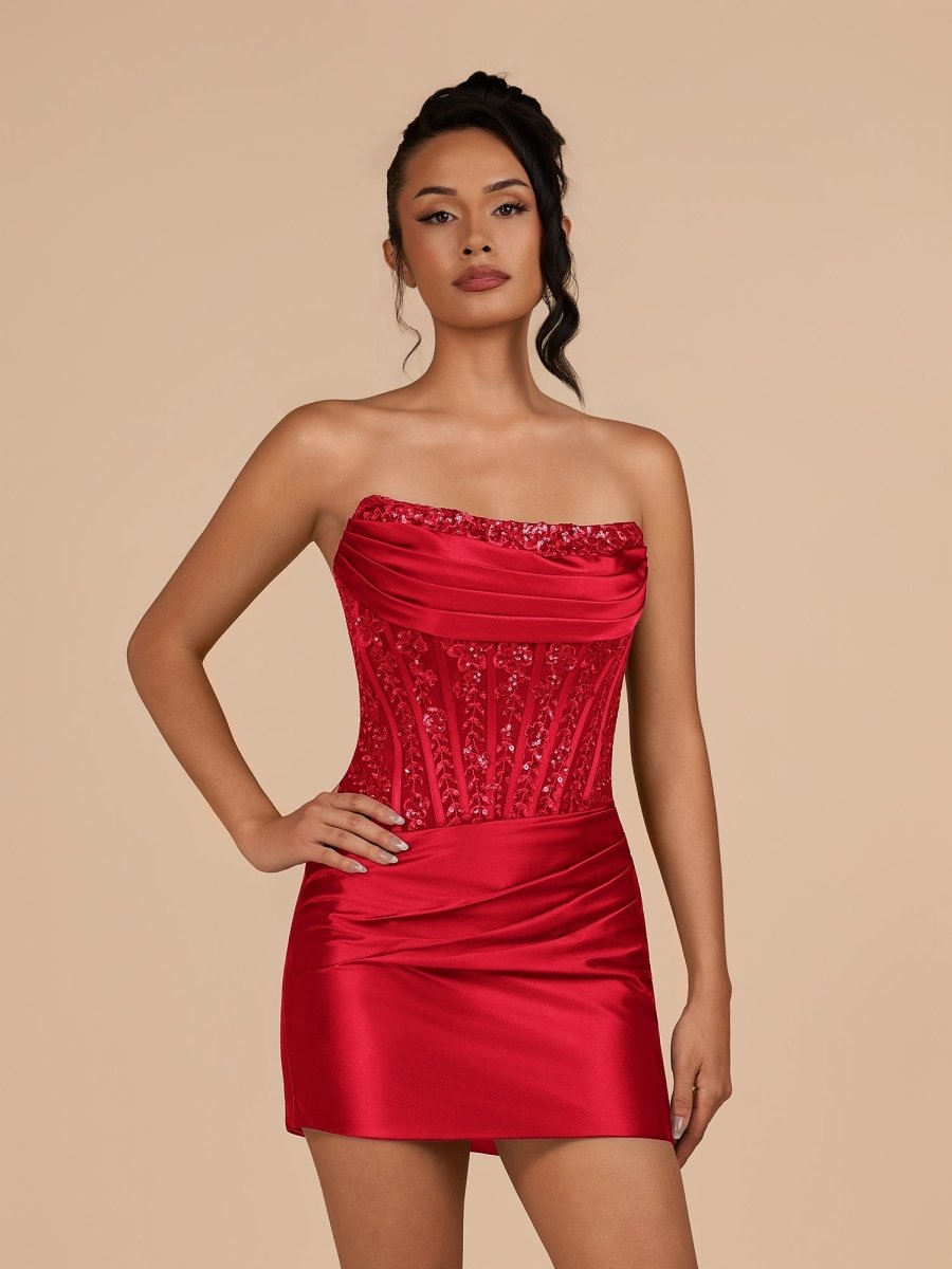 Delmira | Red - Strapless Bodycon Satin Pleated Mini Party Dresses With Beading