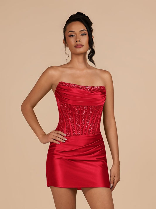 Delmira | Red - Strapless Bodycon Satin Pleated Mini Party Dresses With Beading