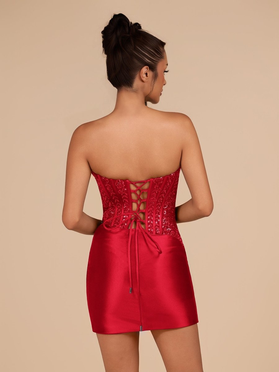 Delmira | Red - Strapless Bodycon Satin Pleated Mini Party Dresses With Beading