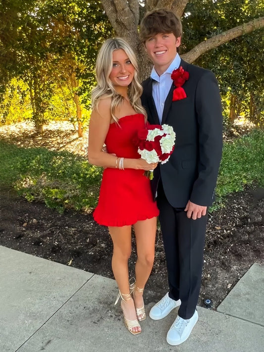 Edna | Red - A-Line Strapless Ruffles Mini Party Dresses