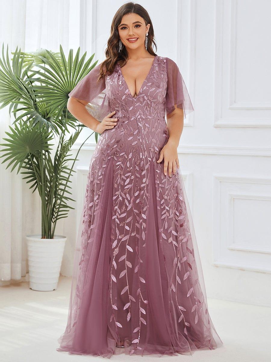 ASTRAL|Ruffle Sleeves Leaf Sequin Maxi Bridesmaid Dress