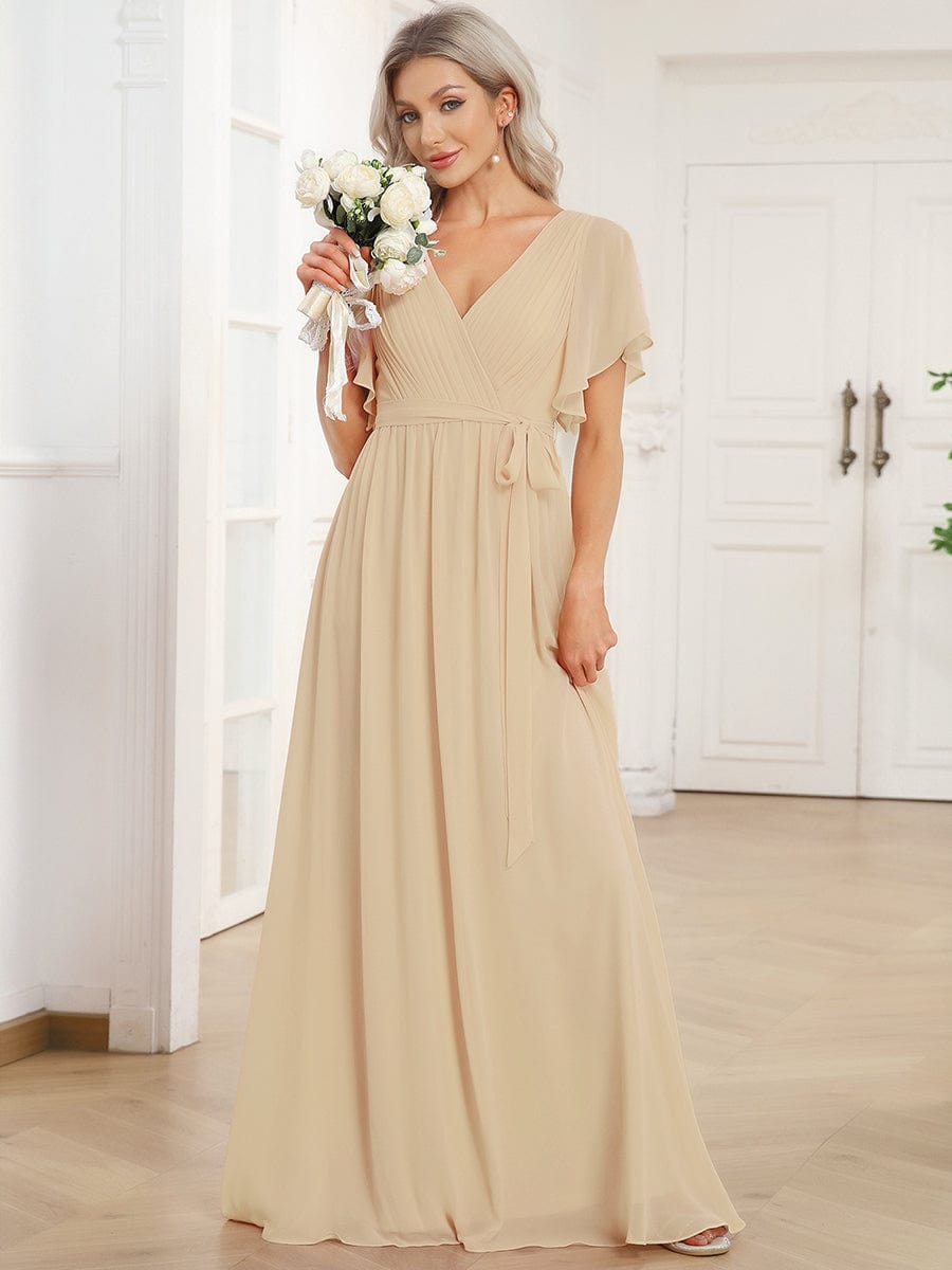 LEORA|Flowy Pleated A-Line Chiffon Tie-Waist Bridesmaid Dress