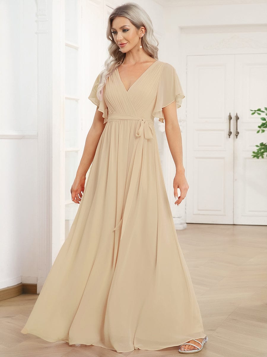 LEORA|Flowy Pleated A-Line Chiffon Tie-Waist Bridesmaid Dress