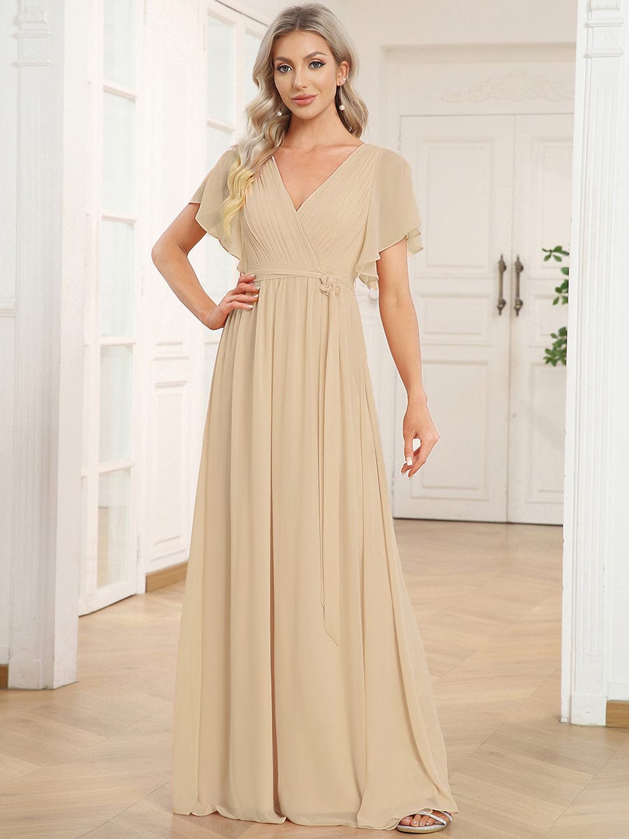 LEORA|Flowy Pleated A-Line Chiffon Tie-Waist Bridesmaid Dress