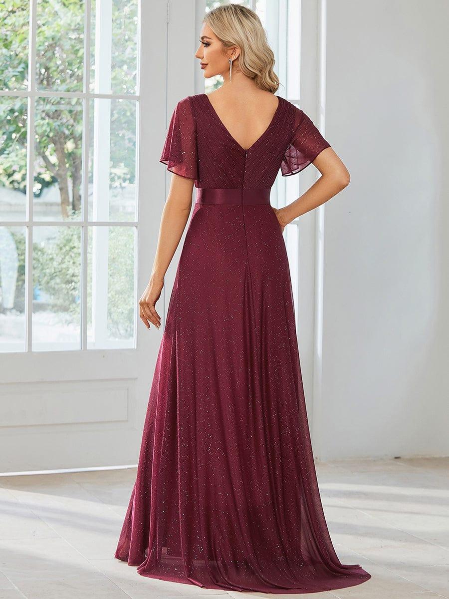 LIORÉ|Sparkling Short Sleeve V-Neck Ribbon Waist A-Line Bridesmaid Dress