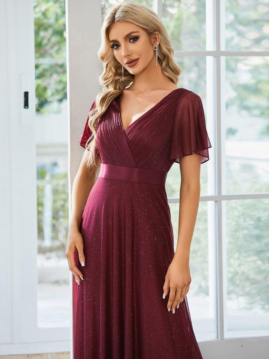 LIORÉ|Sparkling Short Sleeve V-Neck Ribbon Waist A-Line Bridesmaid Dress