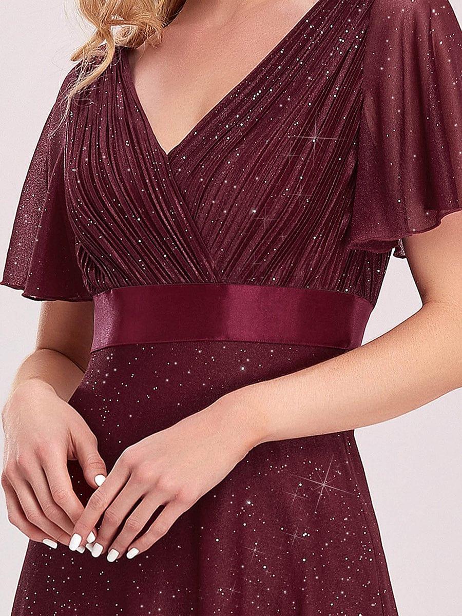 LIORÉ|Sparkling Short Sleeve V-Neck Ribbon Waist A-Line Bridesmaid Dress