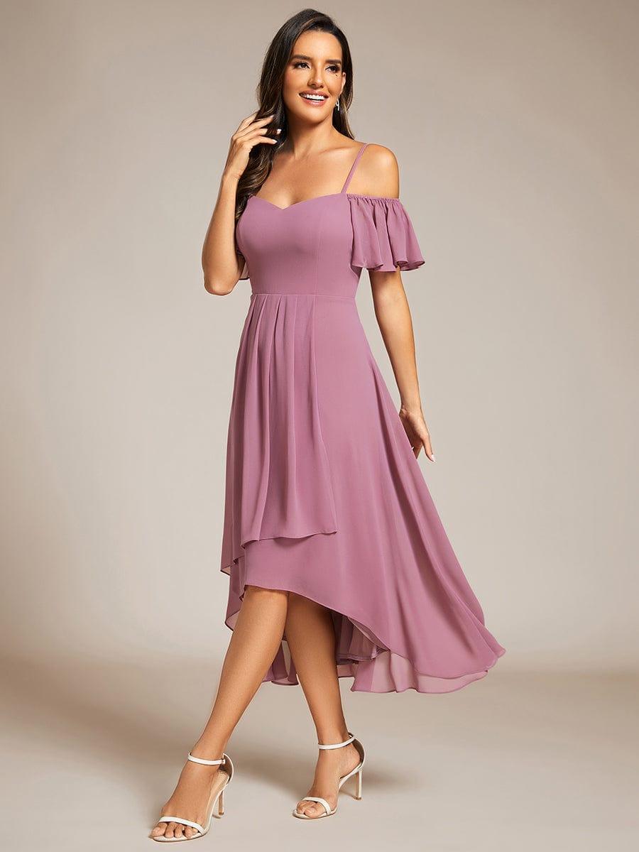 JORDANE|Spaghetti Strap Cold Shoulder Chiffon A-Line Midi Bridesmaid Dress