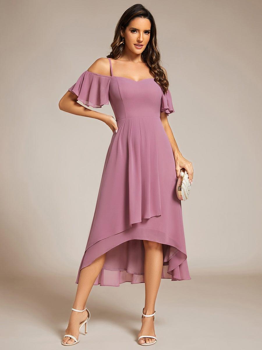 JORDANE|Spaghetti Strap Cold Shoulder Chiffon A-Line Midi Bridesmaid Dress