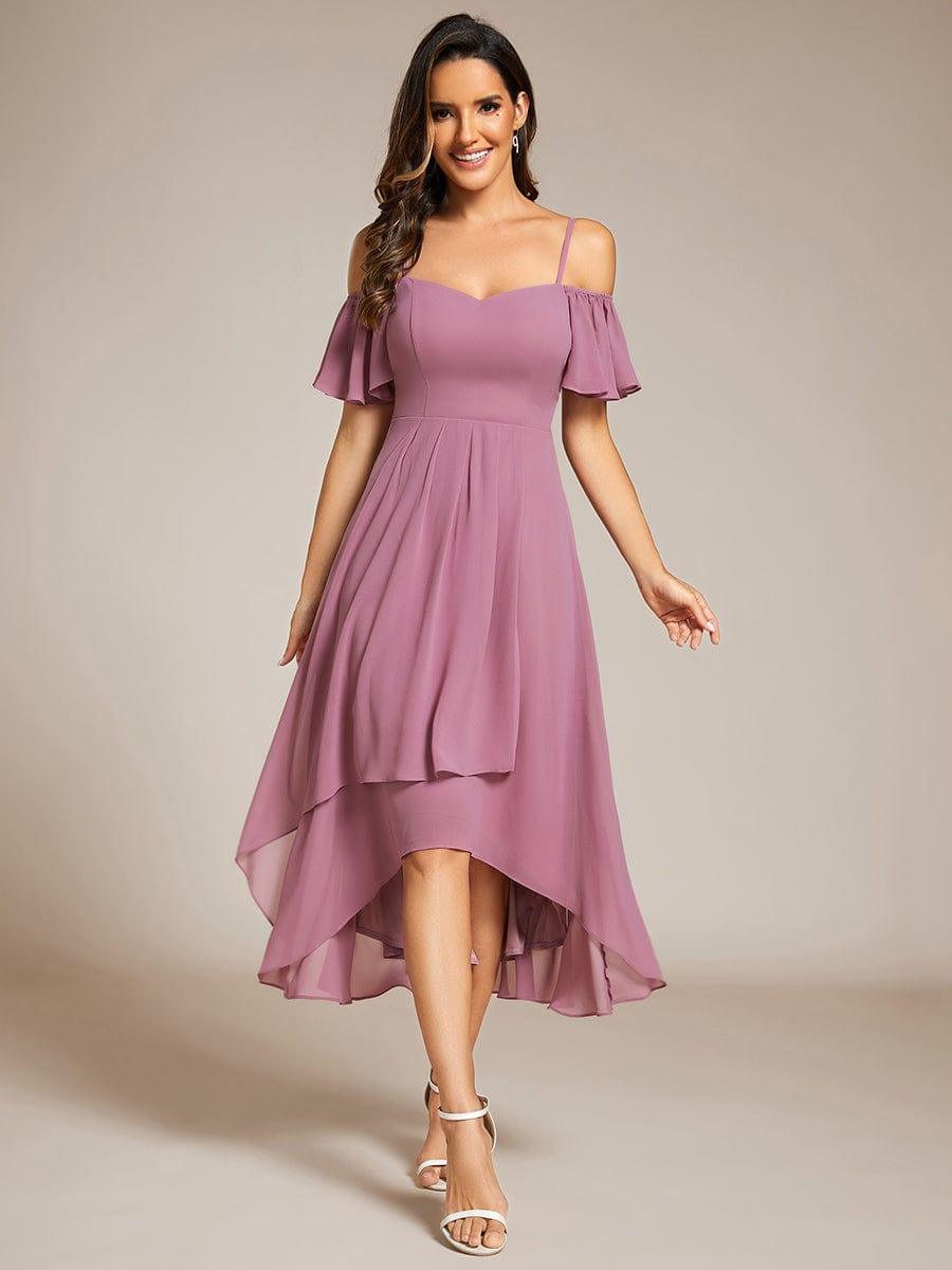 JORDANE|Spaghetti Strap Cold Shoulder Chiffon A-Line Midi Bridesmaid Dress