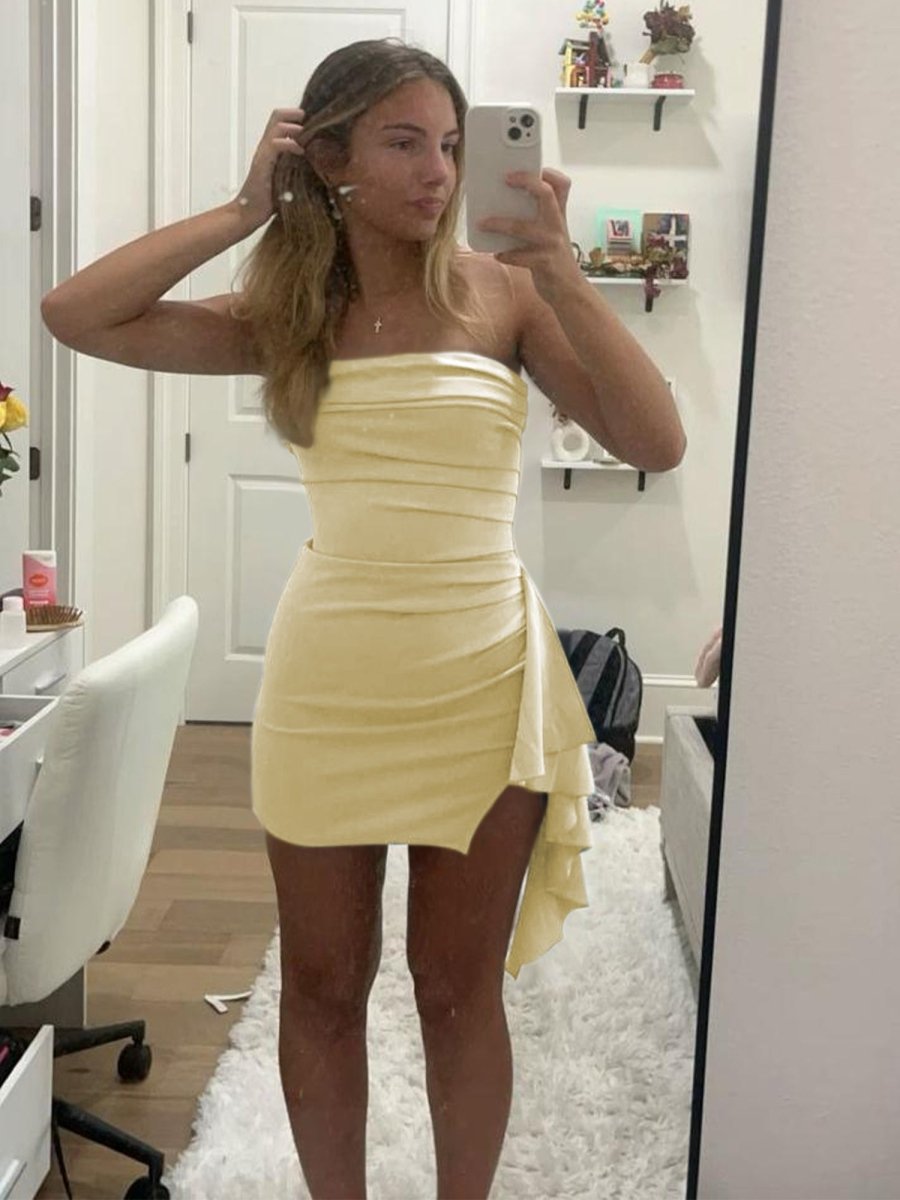 Eldona | Yellow - Strapless Spandex Bodycon Homecoming & Cocktail Dress With Slit